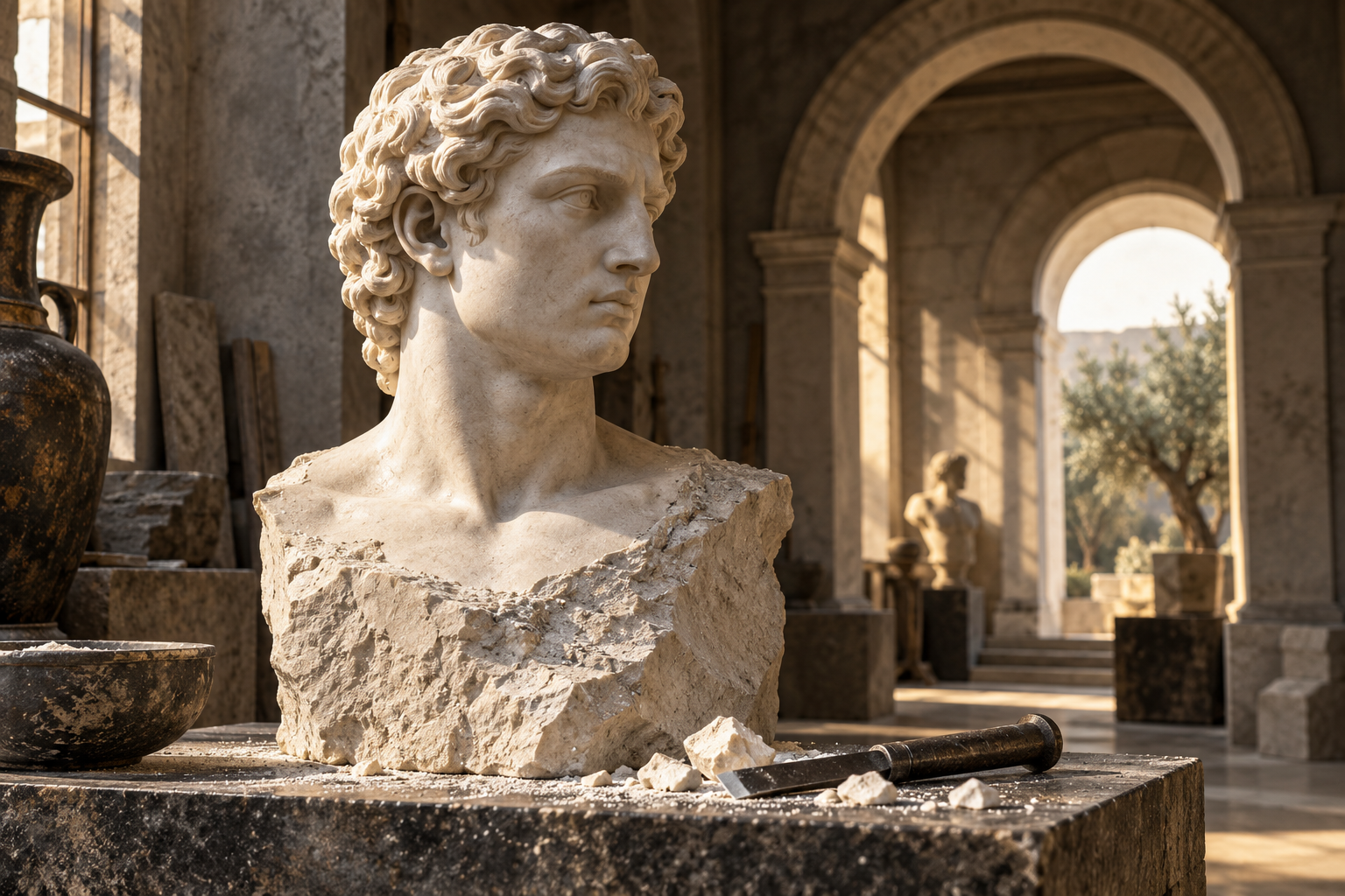 An unfinished classical marble bust with sculpting tools and stone fragments