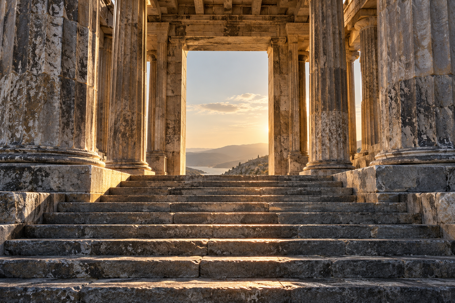 A considered path of broad stone steps leading through a sunlit Greek doorway