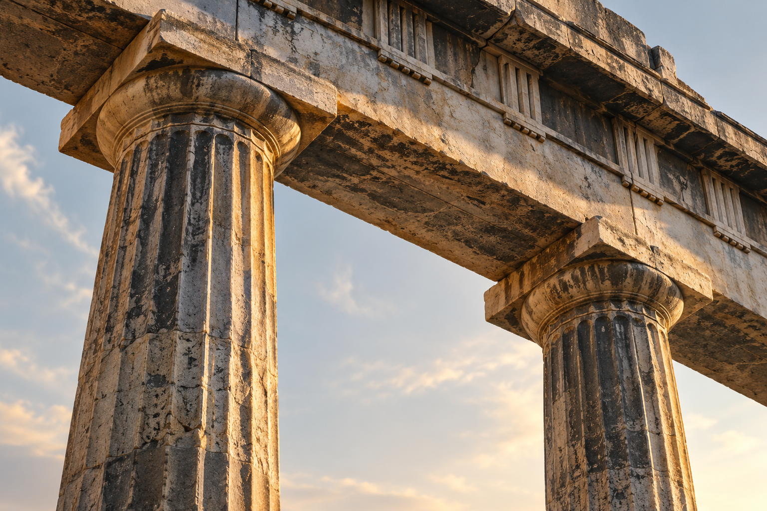 A monumental Greek architrave supported by two balanced Doric columns