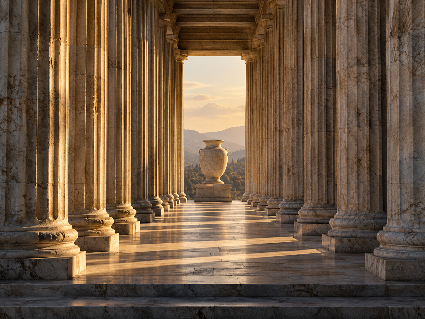 An aligned view through a Greek colonnade toward a single marble urn